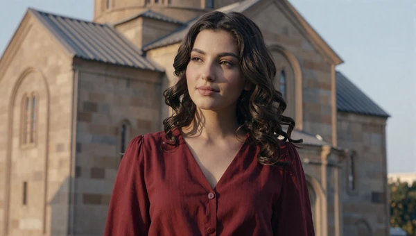 Beautiful Armenian woman near historic stone church in elegant deep red blouse with warm afternoon light