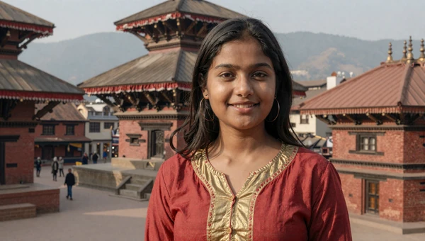 Nepali woman in red and gold kurta in a traditional Kathmandu courtyard with mountain backdrop