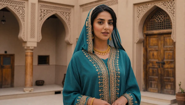 Beautiful Yemeni woman in embroidered dress near traditional carved woodwork courtyard