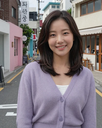Ji-Yeon, 28, Korean woman from Seoul in a lavender cardigan on a trendy city street