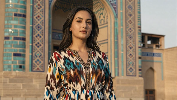 Beautiful Uzbek woman in colorful ikat dress near Silk Road architecture in Samarkand