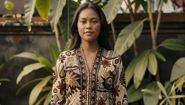 Beautiful Indonesian woman in batik blouse in a tropical garden setting