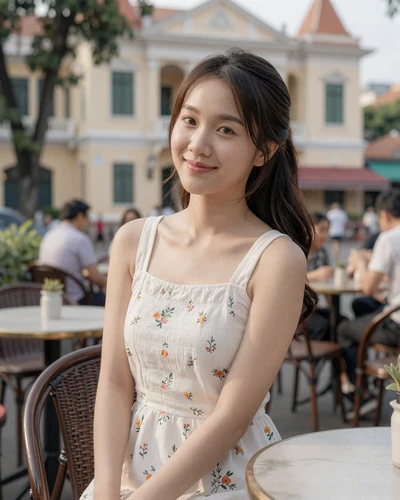 Huong, 24, Vietnamese woman from Ho Chi Minh City in a floral sundress at a French-style outdoor cafe