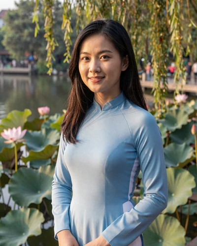 Thuy, 25, Vietnamese woman from Hanoi in a blue ao dai beside a tranquil lake with lotus flowers