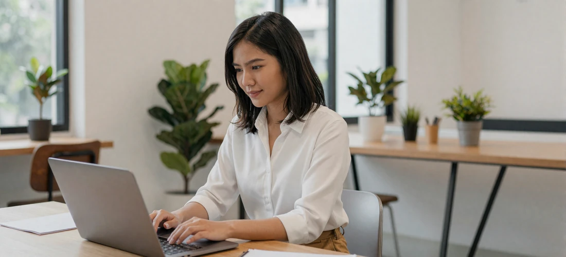 Modern Thai professional woman working at a laptop in a bright co-working space in Bangkok