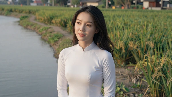 Elegant Vietnamese woman in white ao dai dress by a riverside with green landscape