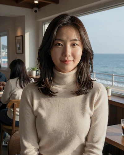 Soo-Min, 28, Korean woman from Busan in a cream turtleneck at a cozy seaside cafe