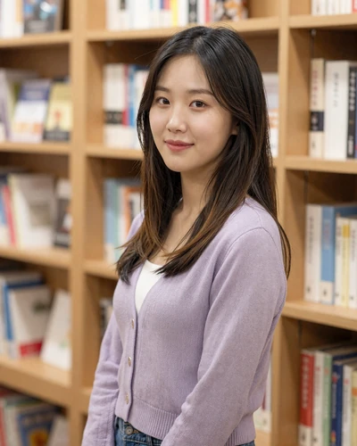 Ji-Eun, 29, Korean woman from Seoul in a lavender cardigan browsing a cozy bookstore