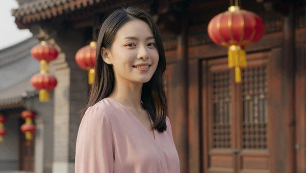 Elegant Chinese woman near traditional architecture with red lanterns in warm golden light