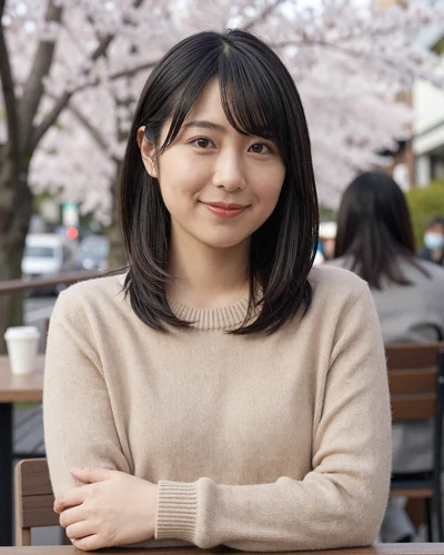 Hana, 27, Japanese woman from Osaka enjoying an outdoor cafe in casual beige sweater