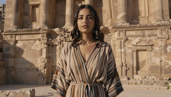 Elegant Jordanian woman near ancient stone architecture in warm earth-toned dress at golden hour