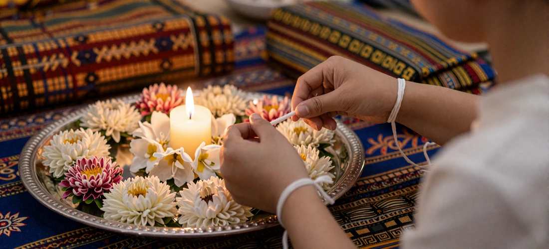 Traditional Laotian Baci ceremony arrangement with flowers candles and white cotton strings in warm candlelight showcasing sacred Lao spiritual ritual