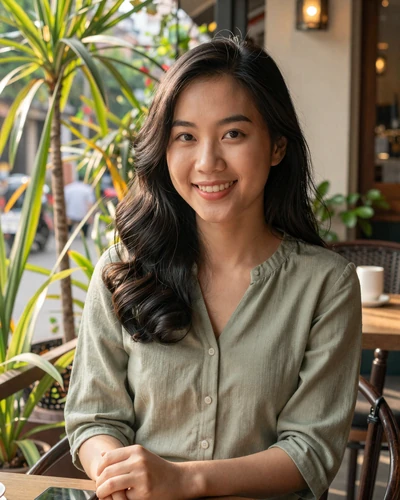 Linh, 25, Vietnamese woman from Hanoi in a sage green blouse at an outdoor cafe