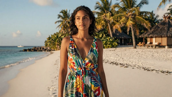Charming Maldivian woman on tropical beach in colorful modest dress with turquoise ocean backdrop