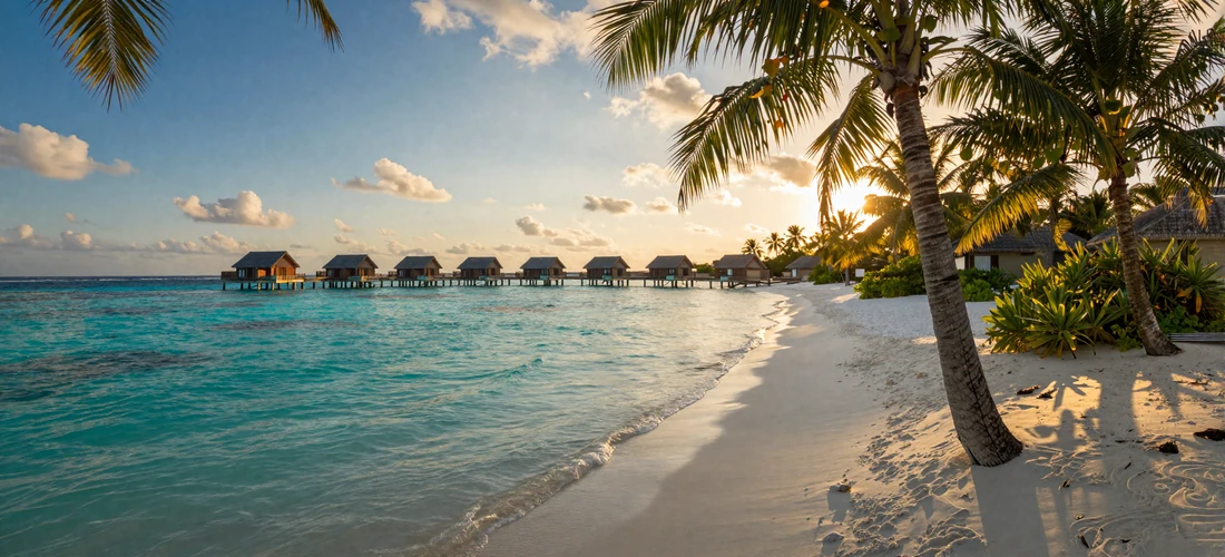 Turquoise Maldivian lagoon with white sand beach and overwater bungalows framed by palm trees at golden hour