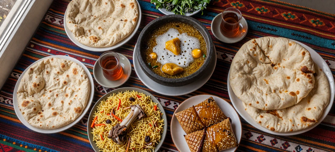 Traditional Yemeni feast spread with saltah stew, zurbian rice, bint al-sahn pastry, fresh flatbread, and qishr coffee tea on colorful woven textiles