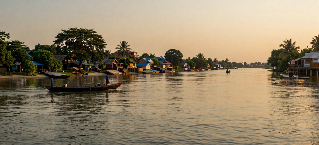 Scenic Padma River in Bangladesh at golden hour with traditional wooden boats and lush green riverbanks