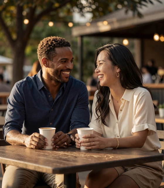 Happy American man and Asian woman sharing a warm moment at an outdoor cafe