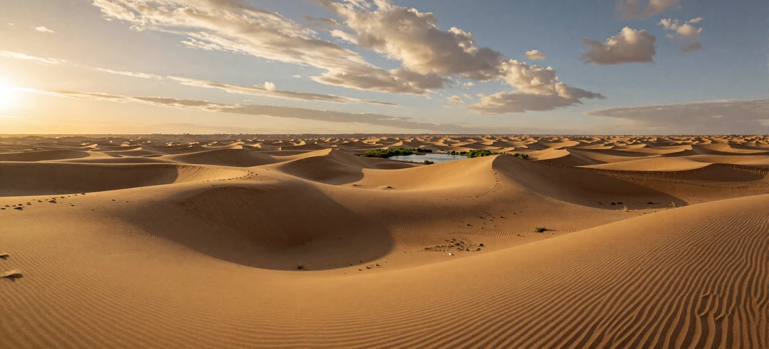 Golden Karakum Desert dunes stretching to the horizon at sunset with warm amber tones and distant oasis vegetation in Turkmenistan