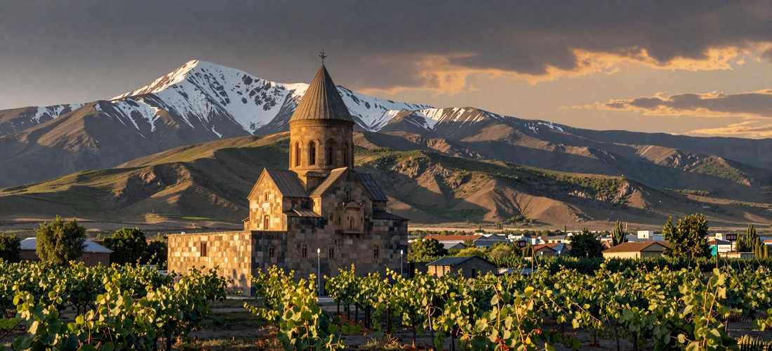 Ancient Khor Virap monastery with Mount Ararat rising behind it in golden hour sunlight across the lush Ararat Valley