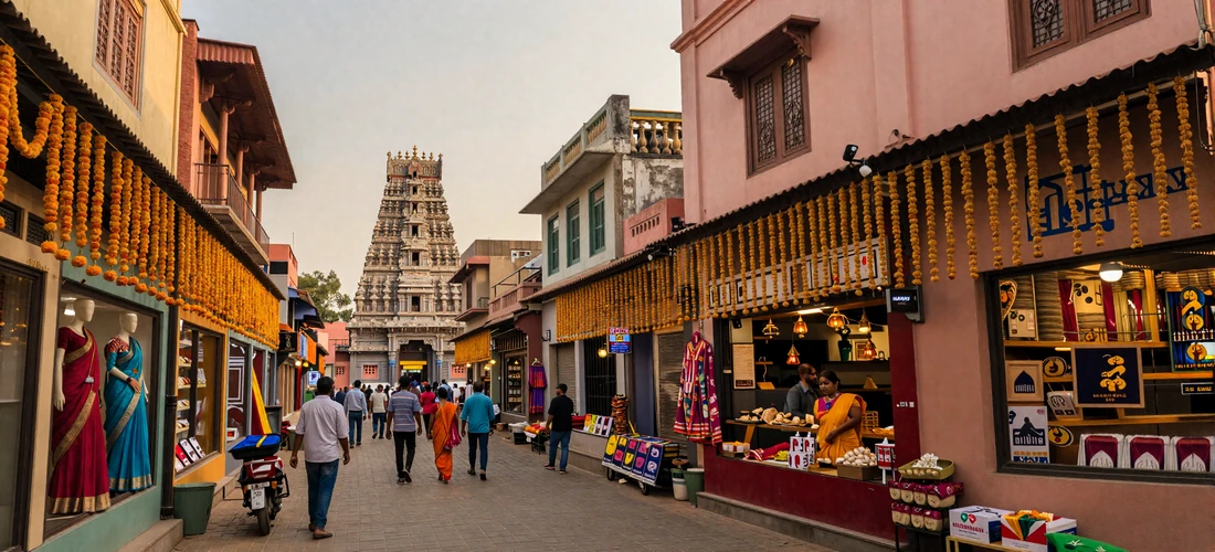 Colorful Indian city street with traditional architecture and flower garlands during golden evening light