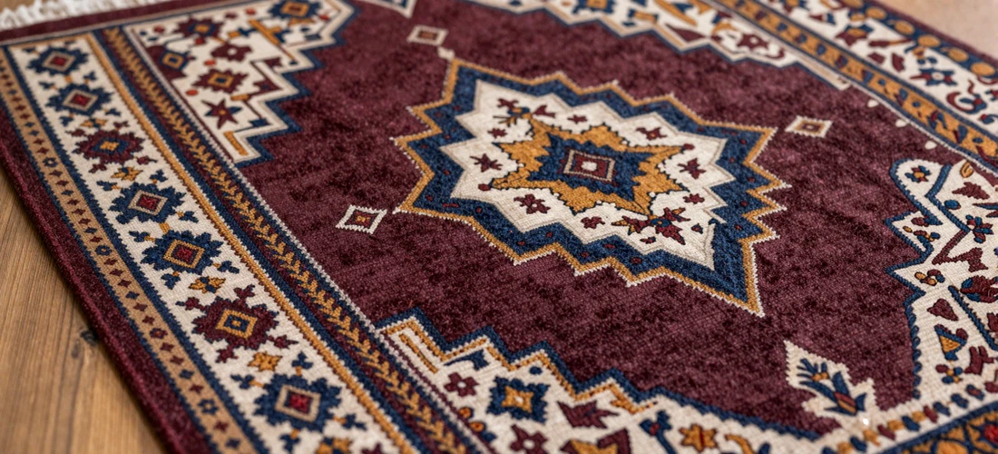 Intricate handwoven Turkmen carpet with traditional geometric gol medallion patterns in deep burgundy and ivory tones showcasing centuries-old weaving artistry