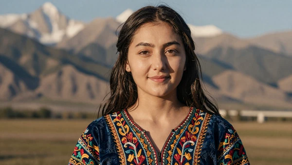 Beautiful Tajik woman in vibrant traditional dress with Pamir mountain landscape in background