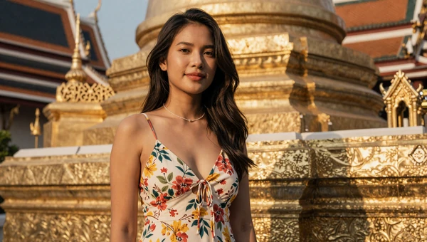 Thai woman in a floral dress near a golden temple in Bangkok at golden hour