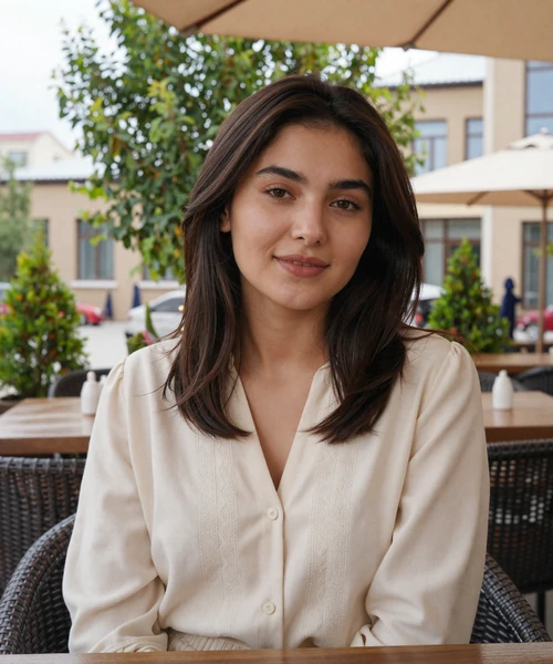 Attractive Tajik woman enjoying a sunny afternoon at an outdoor cafe in Dushanbe with modern architecture in background