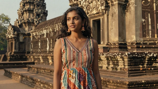 Elegant Sri Lankan woman near ancient Buddhist temple ruins at golden sunset