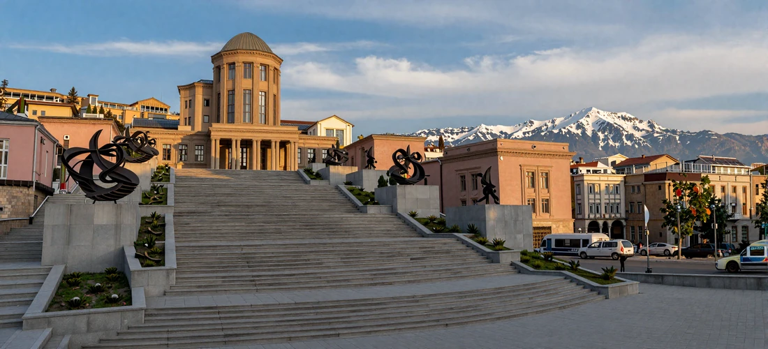 Modern Yerevan cityscape featuring the iconic Cascade complex stairway with contemporary art and Mount Ararat in the distance