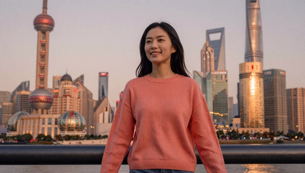 Modern Chinese woman walking along the Shanghai Bund with illuminated skyline at golden hour