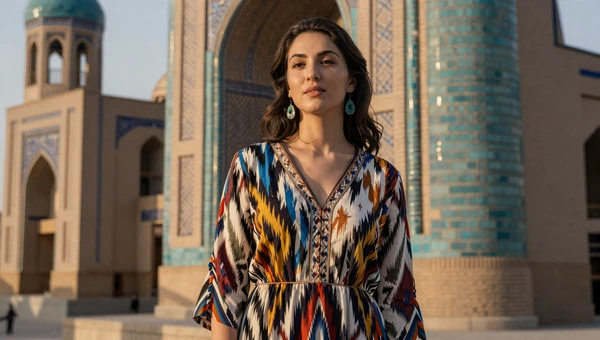 Elegant Uzbek woman in colorful casual dress near turquoise Silk Road architecture in Samarkand at golden hour
