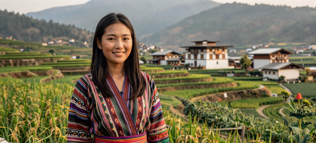 Bhutanese woman in traditional handwoven kira dress standing in lush green rice field terraces with traditional farmhouse and misty Himalayan mountains behind