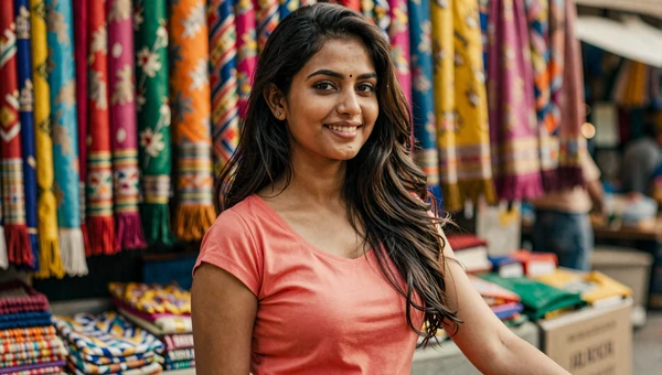 Beautiful Indian woman at a vibrant Mumbai market with colorful textiles and golden light