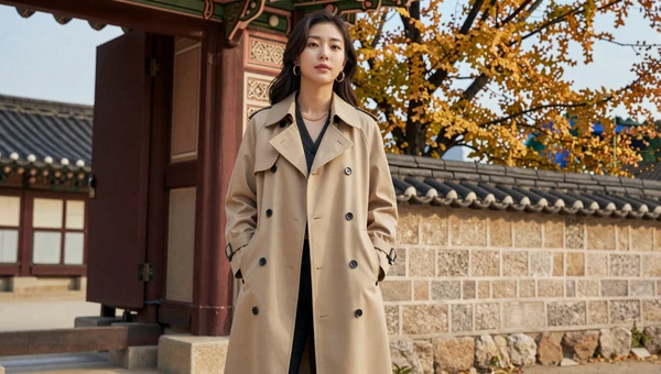 Stylish Korean woman in chic trench coat near historic Korean palace gate with autumn foliage in Seoul