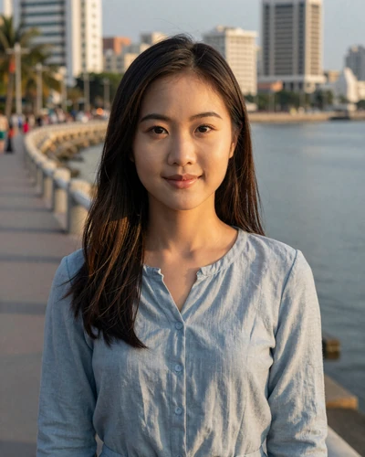 Trang, 25, Vietnamese woman from Da Nang in a light blue blouse on a scenic riverside at sunset