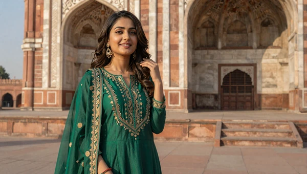 Elegant Pakistani woman in traditional green shalwar kameez near Mughal architecture in Lahore