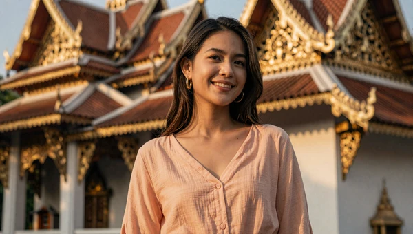 Elegant Thai woman near golden temple at golden hour wearing casual peach blouse