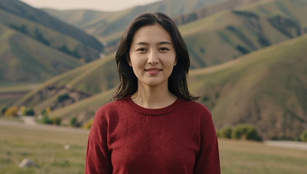 Attractive Kyrgyz woman in casual red sweater with dramatic mountain valley landscape behind her