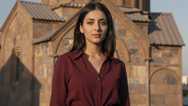 Elegant Armenian woman near ancient stone church architecture at golden hour