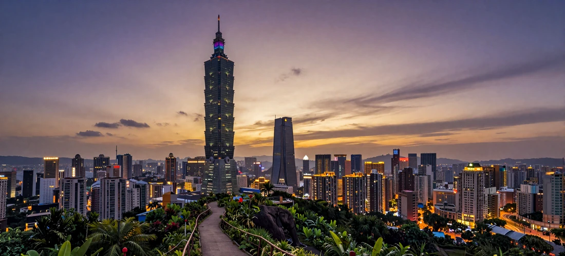 Taipei 101 tower and modern cityscape at dusk seen from Elephant Mountain with lush green vegetation and dramatic golden sunset sky