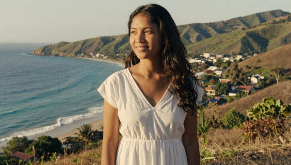 Timorese woman overlooking Dili coastline in East Timor with turquoise ocean