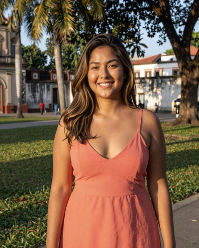 Rica, 29, Filipina woman from Manila in a coral sundress in a sunlit tropical park
