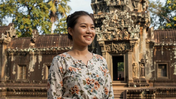 Cambodian woman in a floral blouse smiling near ancient Khmer temple ruins