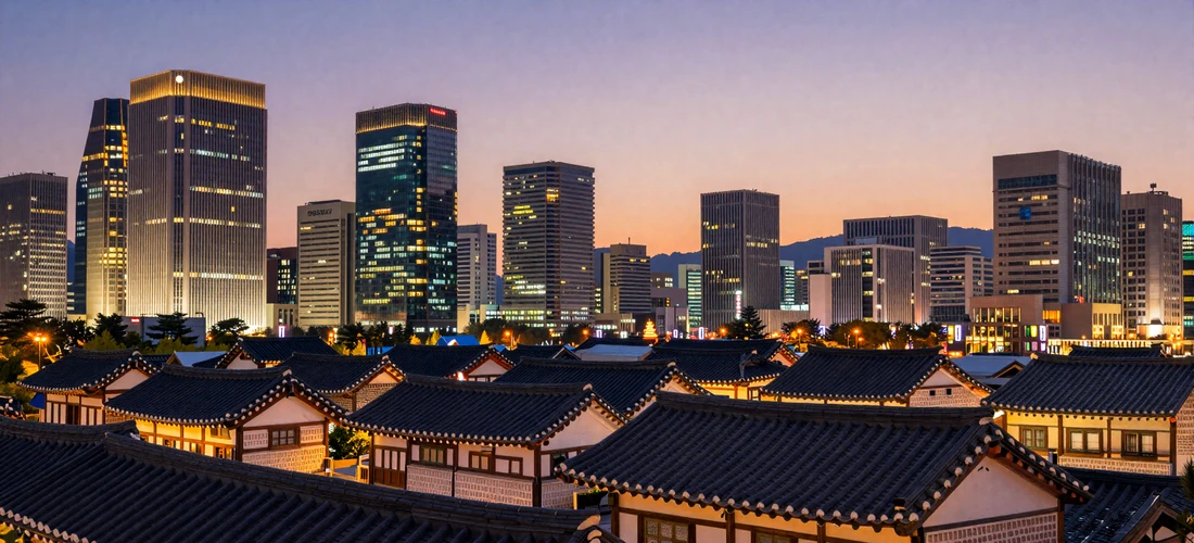 Seoul cityscape at dusk showing traditional hanok village rooftops with modern Gangnam skyscrapers behind