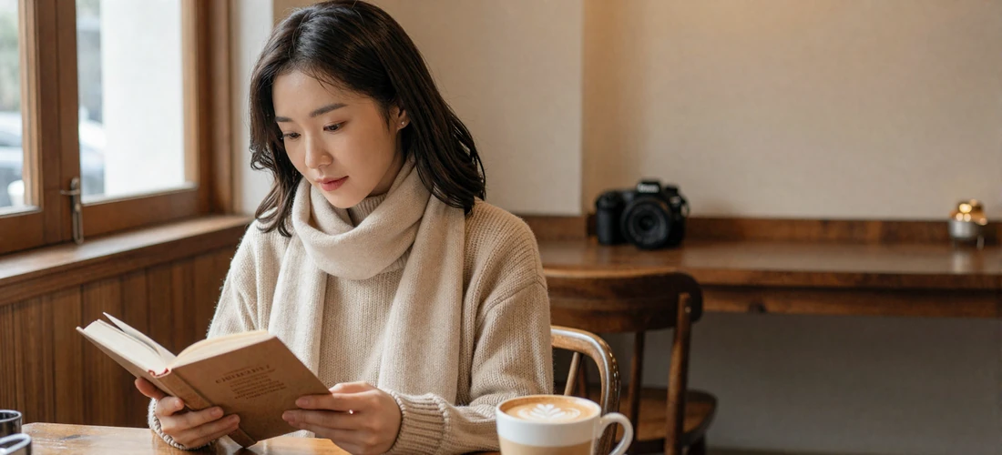 Stylish Korean woman reading at an aesthetic Seoul cafe with warm wood interior and latte