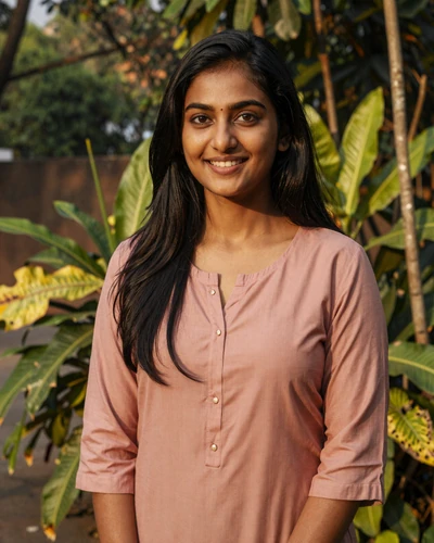 Deepa, 26, Indian woman from Bangalore in a dusty rose top in a lush tropical garden