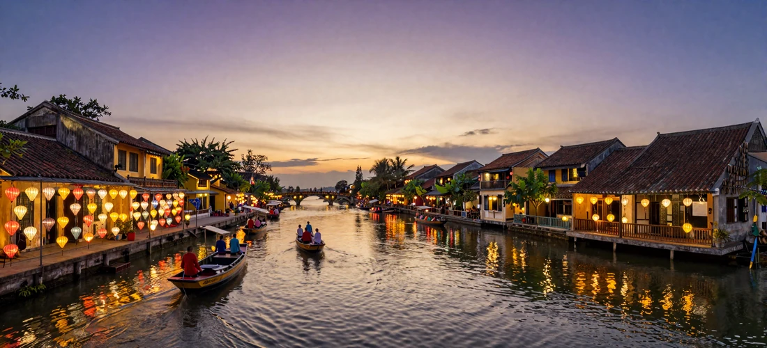 Scenic Hoi An Ancient Town in Vietnam with colorful silk lanterns glowing along the Thu Bon River at dusk