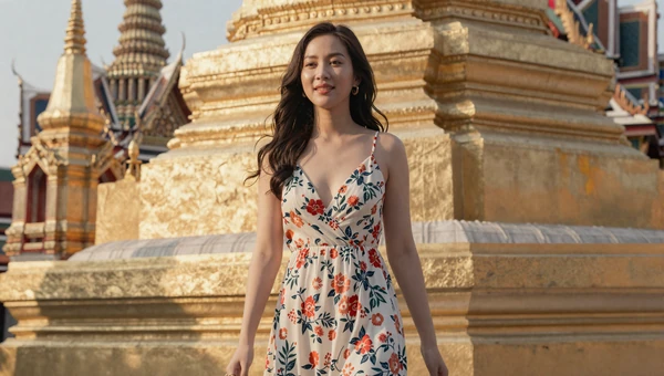 Thai woman in a floral dress near a golden temple in Bangkok at golden hour